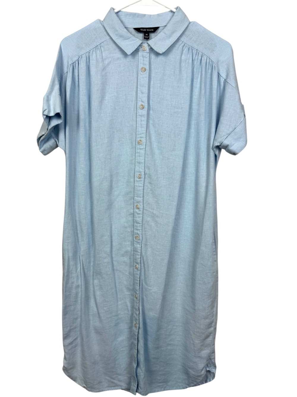 Well Worn Blue Button Down 100% Linen Shirt Dress sz M